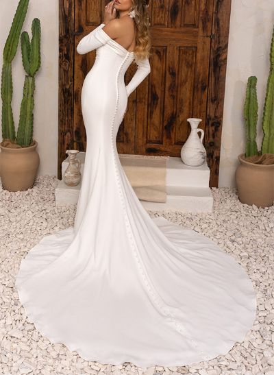 Elegant Trumpet Off-The-Shoulder Long Sleeves Wedding Dresses With Buttons Down The Back