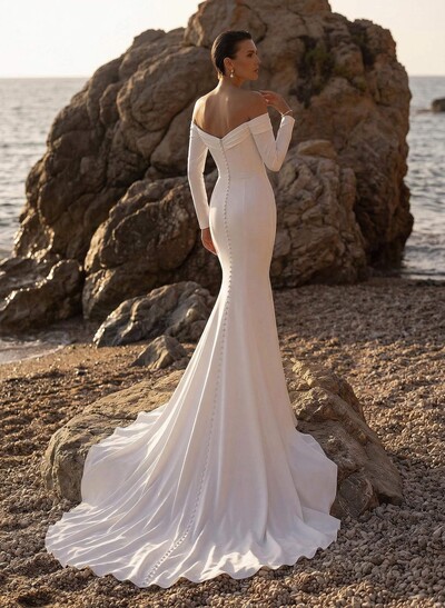 Elegant Trumpet Off-The-Shoulder Long Sleeves Wedding Dresses With Buttons Down The Back