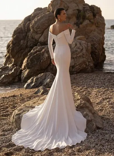 Elegant Trumpet Off-The-Shoulder Long Sleeves Wedding Dresses With Buttons Down The Back