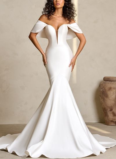 Modest Trumpet Detachable Straps Off-The-Shoulder Satin Wedding Dresses With Lace