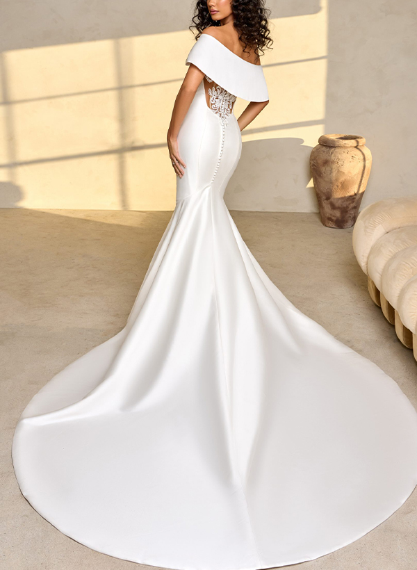 Modest Trumpet Detachable Straps Off-The-Shoulder Satin Wedding Dresses With Lace