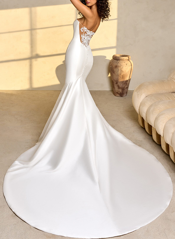 Modest Trumpet Detachable Straps Off-The-Shoulder Satin Wedding Dresses With Lace