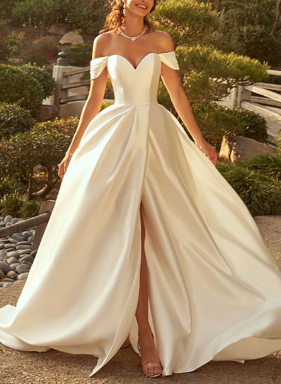 Dreamy Ball-Gown Off-The-Shoulder Satin Wedding Dresses With High Split