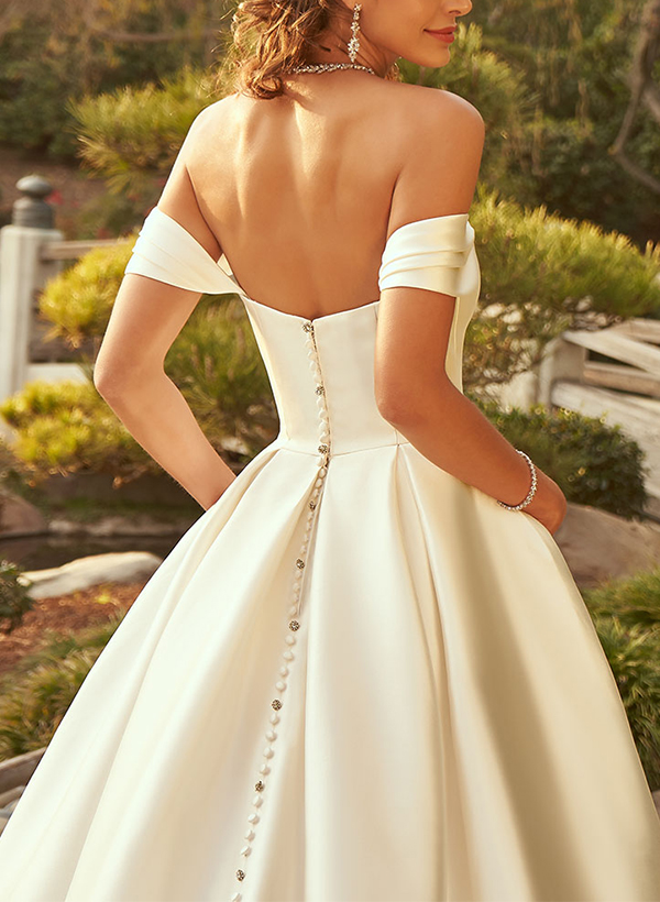 Dreamy Ball-Gown Off-The-Shoulder Satin Wedding Dresses With High Split