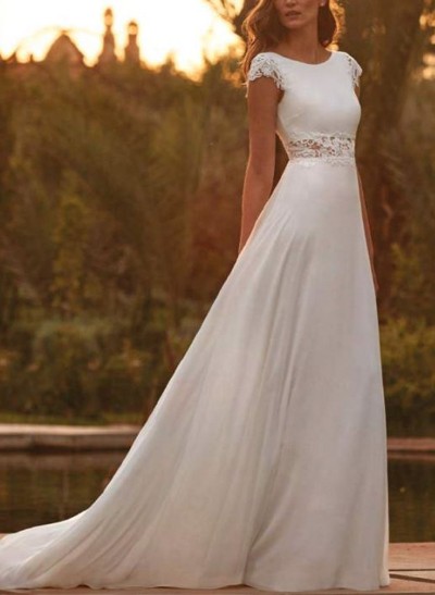 Classic A-Line Scoop Neck Outcut Waist Chiffon Wedding Dresses With Lace