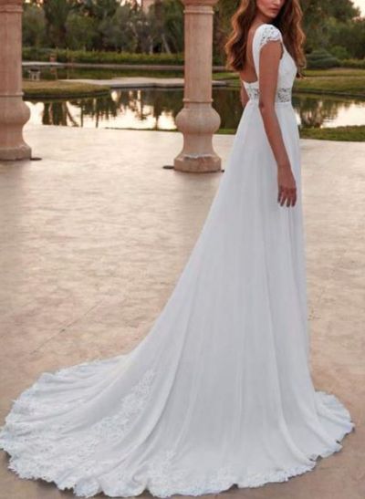 Classic A-Line Scoop Neck Outcut Waist Chiffon Wedding Dresses With Lace