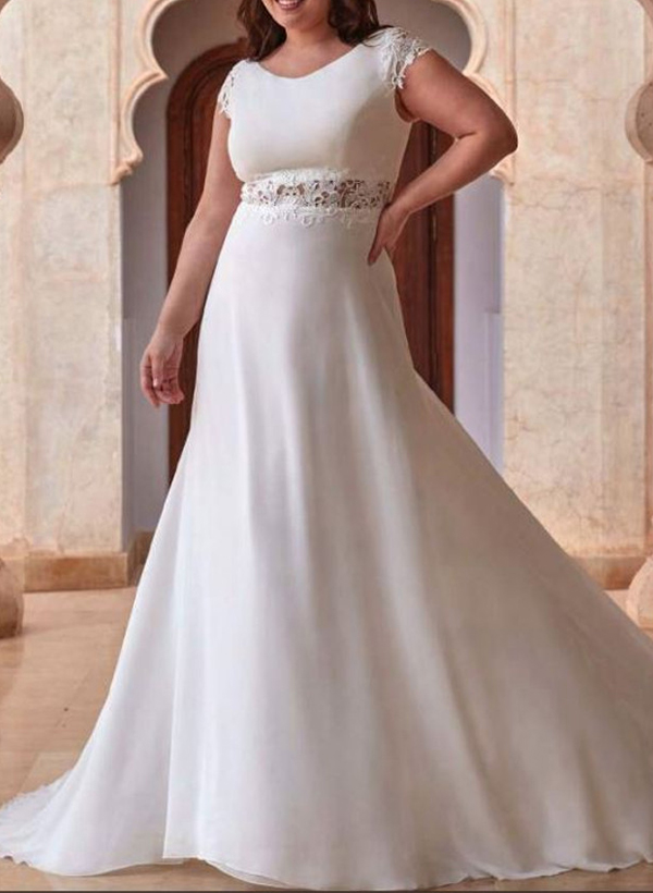 Classic A-Line Scoop Neck Outcut Waist Chiffon Wedding Dresses With Lace