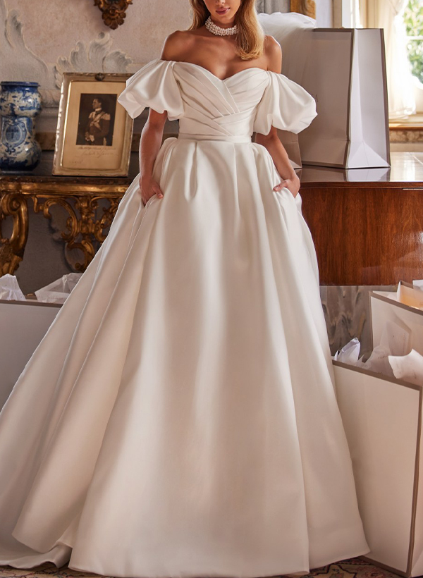 Dreamy Ball-Gown Puffy Off-Shoulder Short Sleeves Satin Wedding Dresses