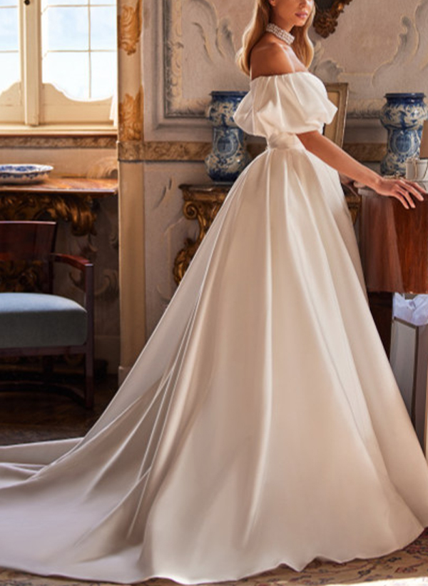 Dreamy Ball-Gown Puffy Off-Shoulder Short Sleeves Satin Wedding Dresses