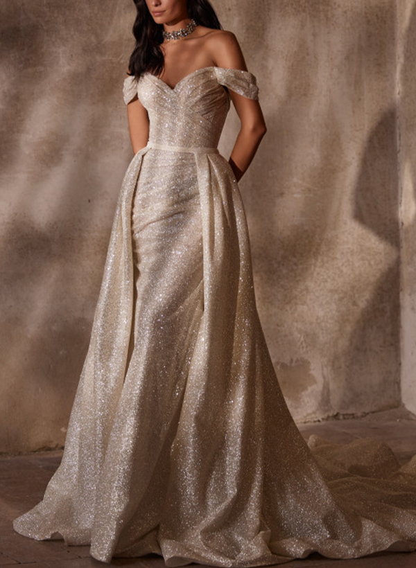 Sparkle Off-The-Shoulder Sequined Wedding Dresses With Detachable Skirt