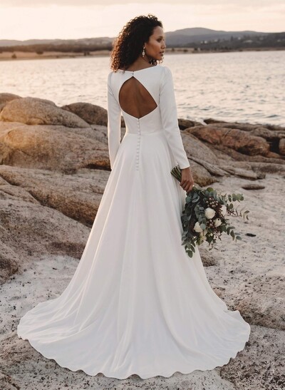 Elegant A-Line Square Neckline Long Sleeves Wedding Dresses With Outcut On Back