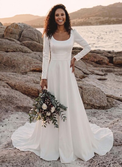 Elegant A-Line Square Neckline Long Sleeves Wedding Dresses With Outcut On Back