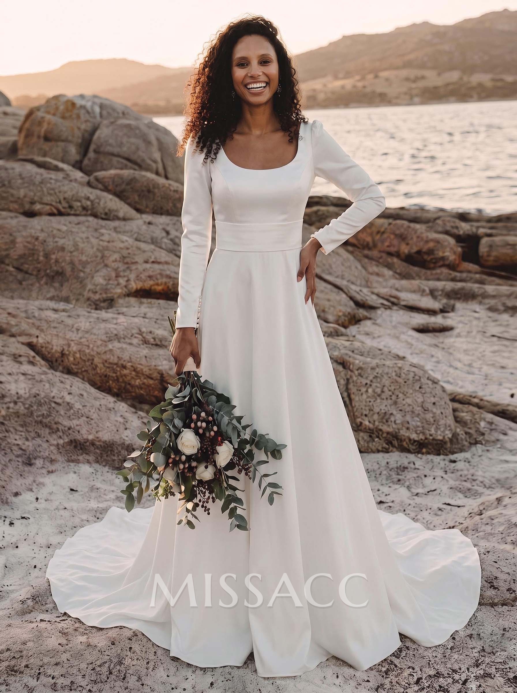 Elegant A-Line Square Neckline Long Sleeves Wedding Dresses With Outcut On Back Elegant A-Line Square Neckline Long Sleeves Wedding Dresses With Outcut On Back
