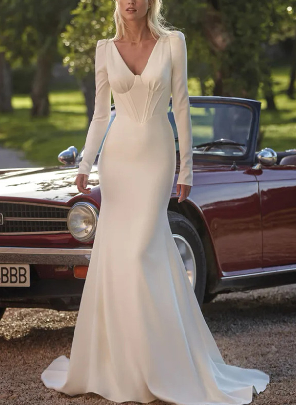 Minimalistic Trumpet Plunge Neck Long Sleeves Wedding Dresses