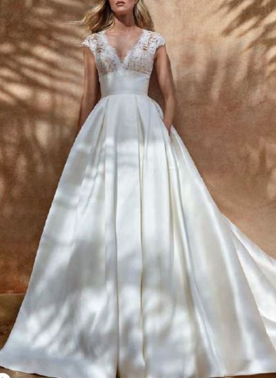 Dreamy Ball-Gown V-Neck Outcut On Back Satin Wedding Dresses With Lace