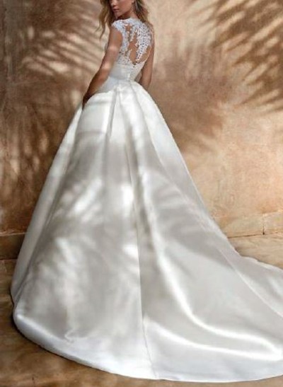 Dreamy Ball-Gown V-Neck Outcut On Back Satin Wedding Dresses With Lace