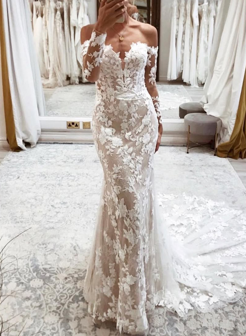 Elegant Off-The-Shoulder Long Sleeves Corset Mermaid Court Train Lace Wedding Dresses