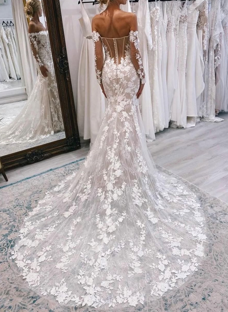 Elegant Off-The-Shoulder Long Sleeves Corset Mermaid Court Train Lace Wedding Dresses