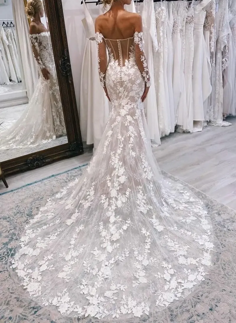 chinese dress ladies Trumpet-Mermaid Court Train Lace Tulle Wedding Dress – OneWedDress main image 1