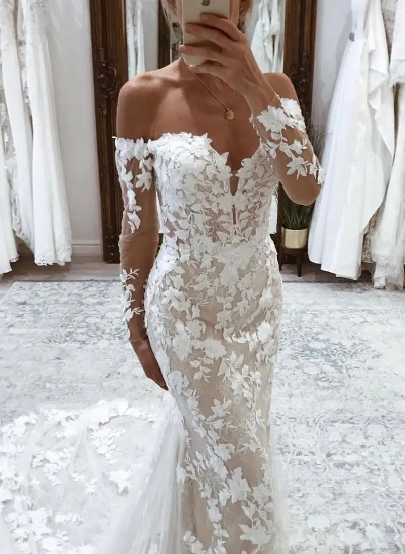 Missacc Bride Elegant Off-The-Shoulder Long Sleeves Corset Mermaid Court Train Lace Wedding Dresses