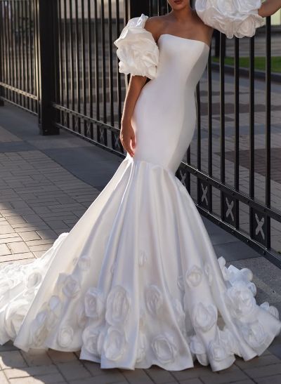 Luxury Detachable Sleeves Flower(s) Mermaid Court Train Satin Wedding Dresses