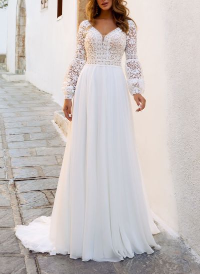 Elegant A-Line V-Neck Long Sleeves Sweep Train Lace/Chiffon Wedding Dresses