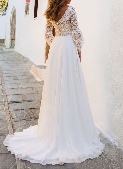 Elegant A-Line V-Neck Long Sleeves Sweep Train Lace/Chiffon Wedding Dresses