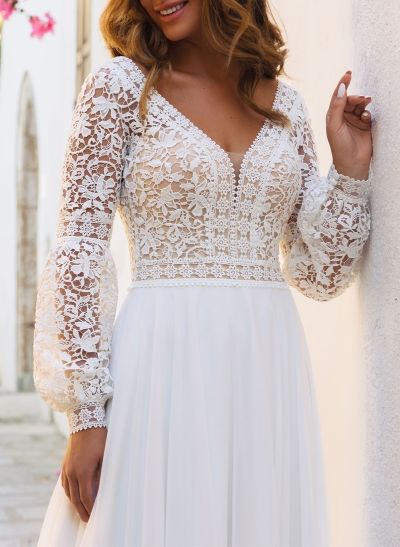 Elegant A-Line V-Neck Long Sleeves Sweep Train Lace/Chiffon Wedding Dresses