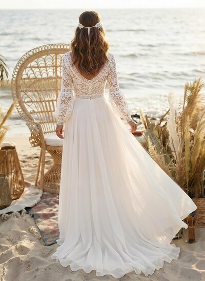 Elegant A-Line V-Neck Long Sleeves Sweep Train Lace/Chiffon Wedding Dresses