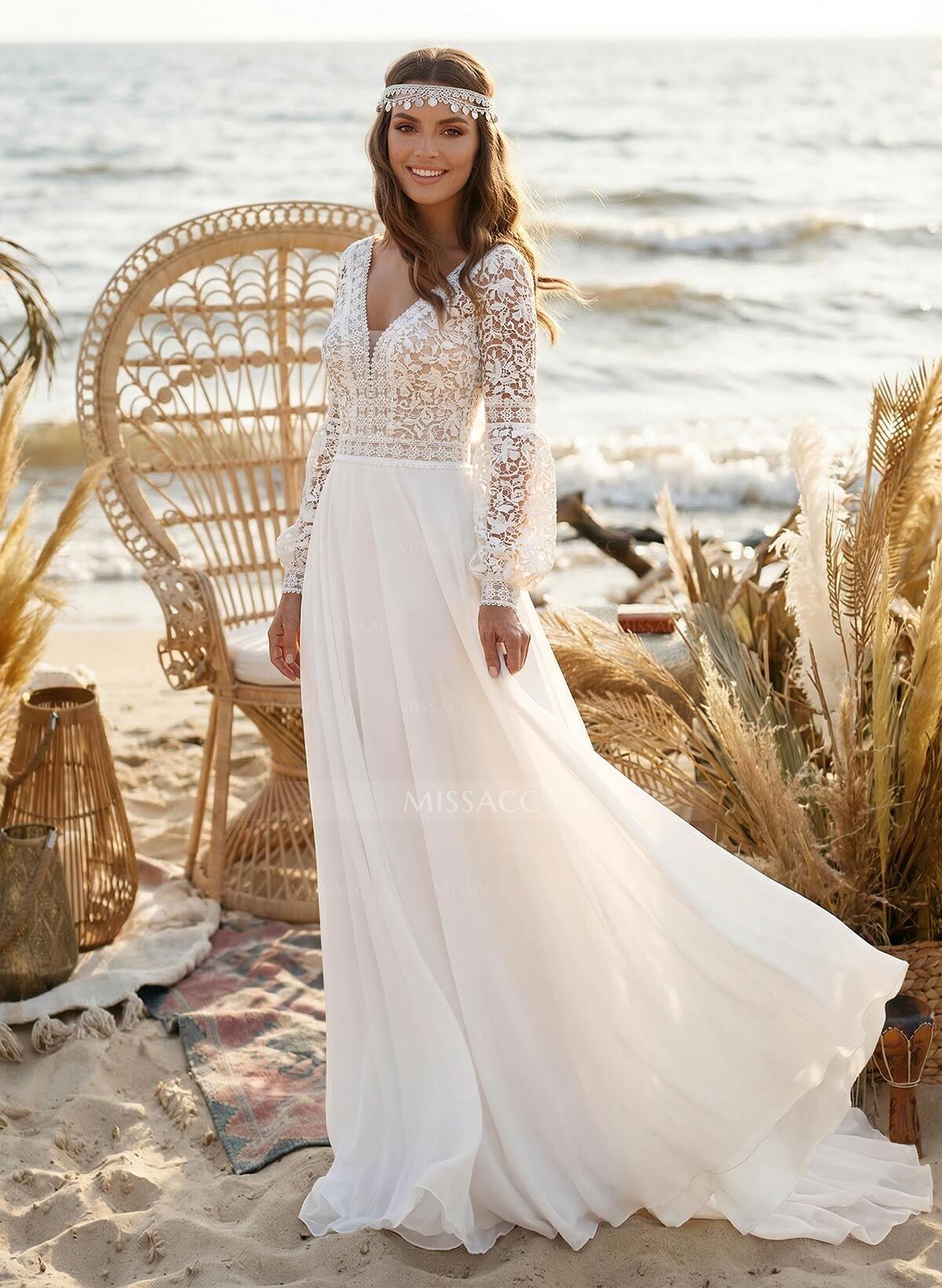 Elegant A-Line V-Neck Long Sleeves Sweep Train Lace/Chiffon Wedding Dresses