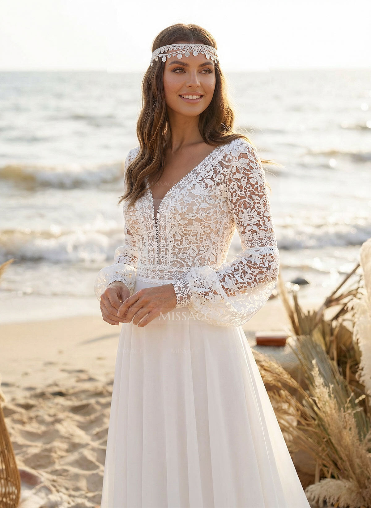 Elegant A-Line V-Neck Long Sleeves Sweep Train Lace/Chiffon Wedding Dresses
