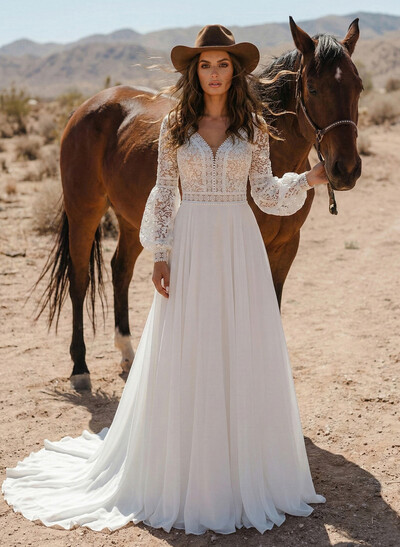 Elegant A-Line V-Neck Long Sleeves Sweep Train Lace/Chiffon Wedding Dresses