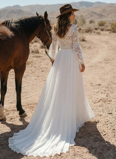Elegant A-Line V-Neck Long Sleeves Sweep Train Lace/Chiffon Wedding Dresses