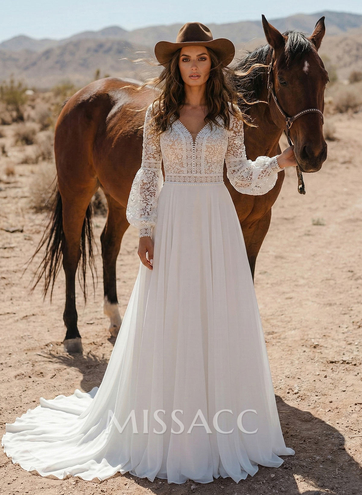 Elegant A-Line V-Neck Long Sleeves Sweep Train Lace/Chiffon Wedding Dresses