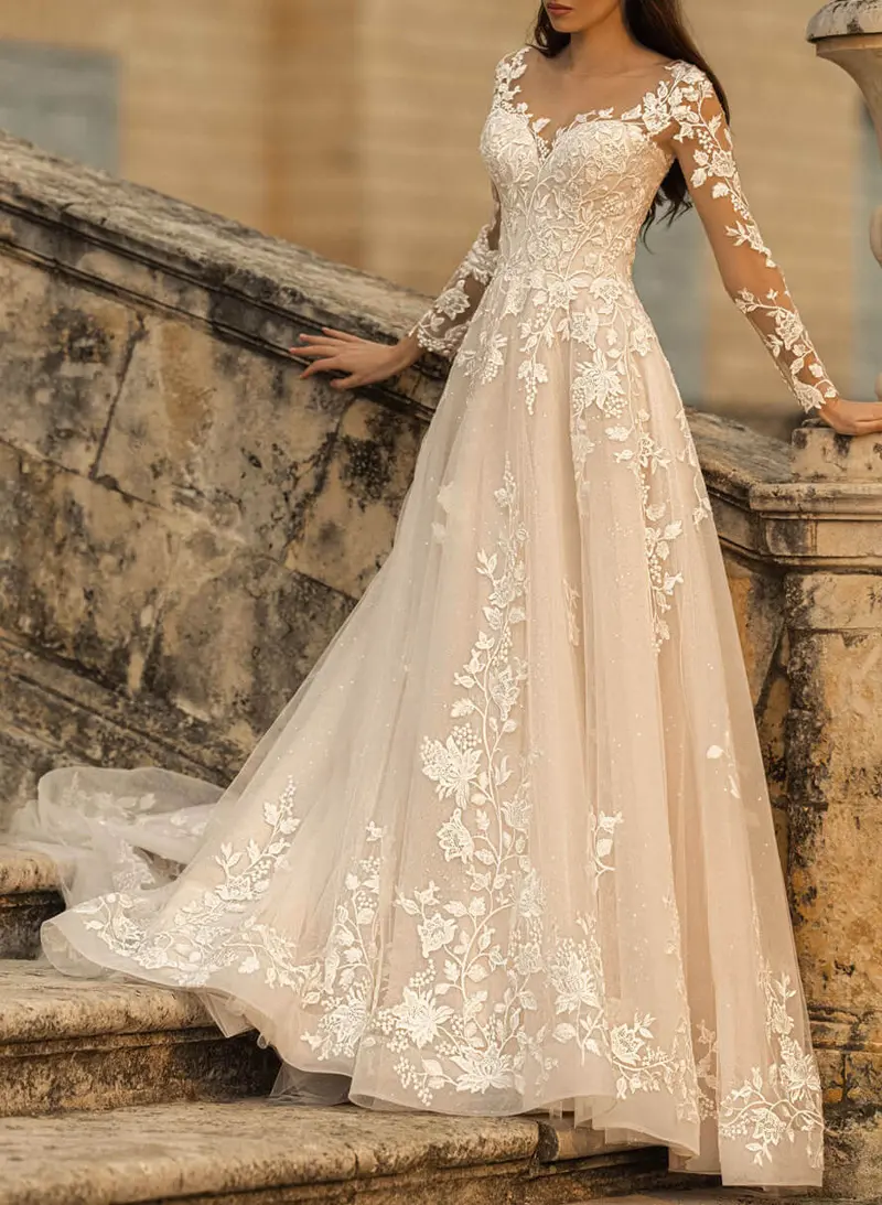 Missacc Bride Sparkle A-Line V-Neck Long Sleeves Sweep Train Lace/Tulle Wedding Dresses