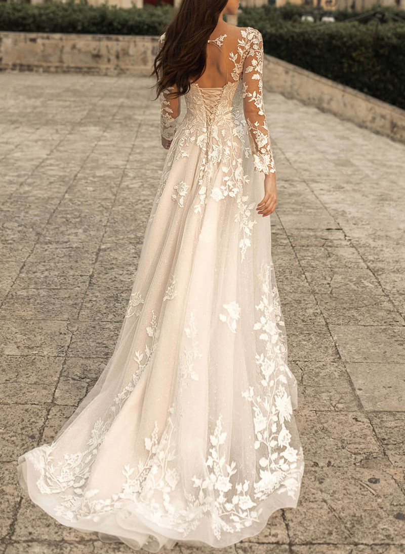 Sparkle A-Line V-Neck Long Sleeves Sweep Train Lace/Tulle Wedding Dresses