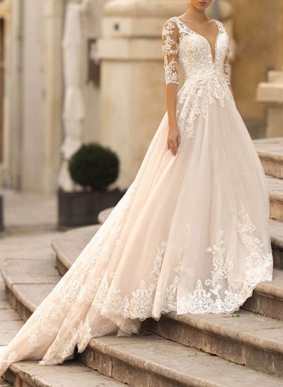 Elegant A-Line V-Neck 1/2 Sleeves Court Train Lace/Tulle Wedding Dresses