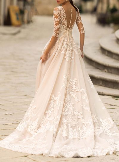 Elegant A-Line V-Neck 1/2 Sleeves Court Train Lace/Tulle Wedding Dresses