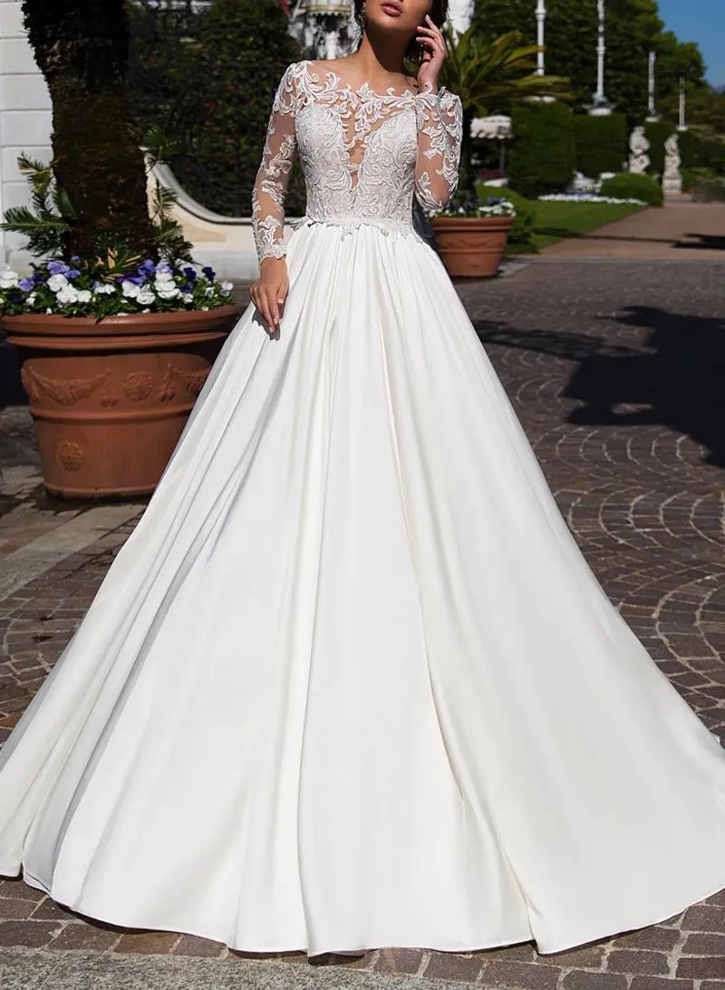Elegant A-Line Illusion Neck Long Sleeves Sweep Train Satin Wedding Dresses  With Lace - Missacc