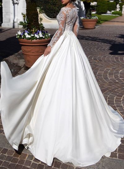 Elegant A-Line Illusion Neck Long Sleeves Sweep Train Satin Wedding Dresses With Lace