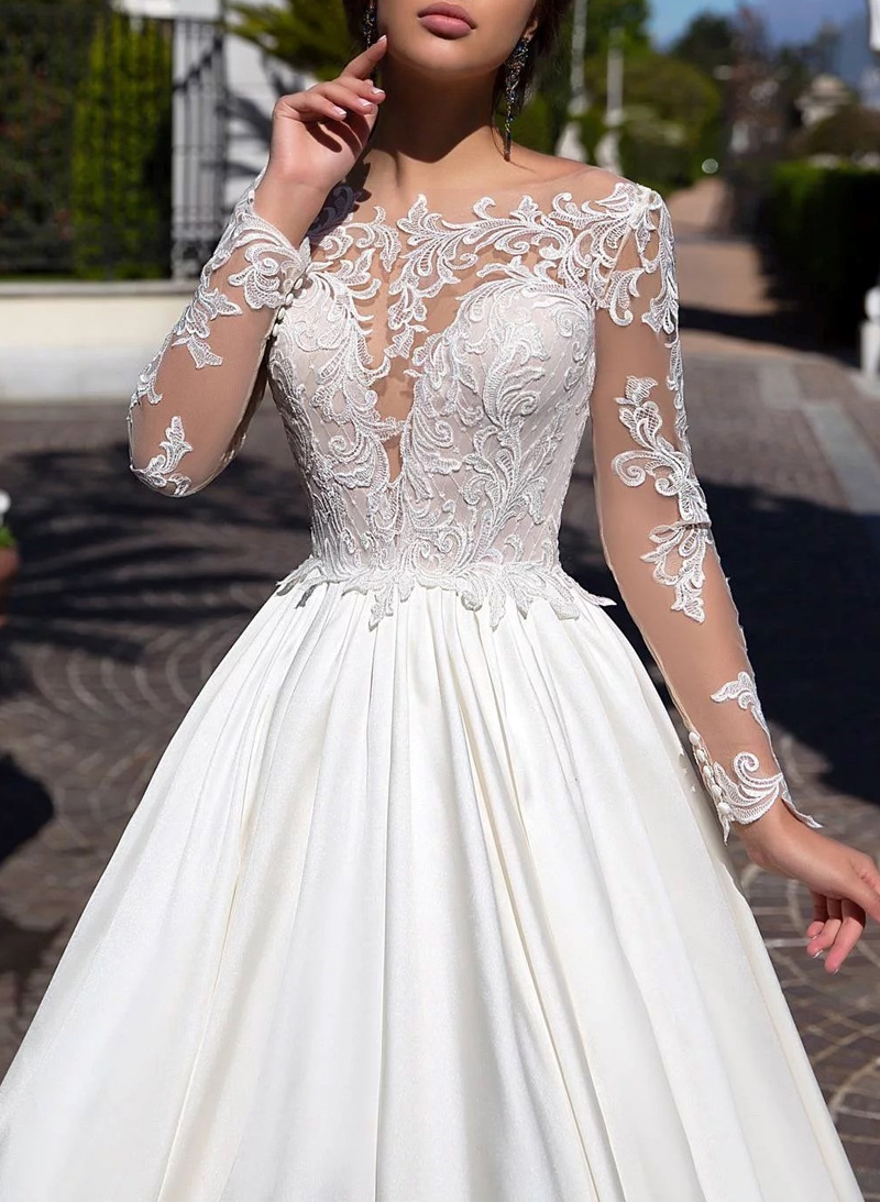 Elegant A-Line Illusion Neck Long Sleeves Sweep Train Satin Wedding Dresses With Lace