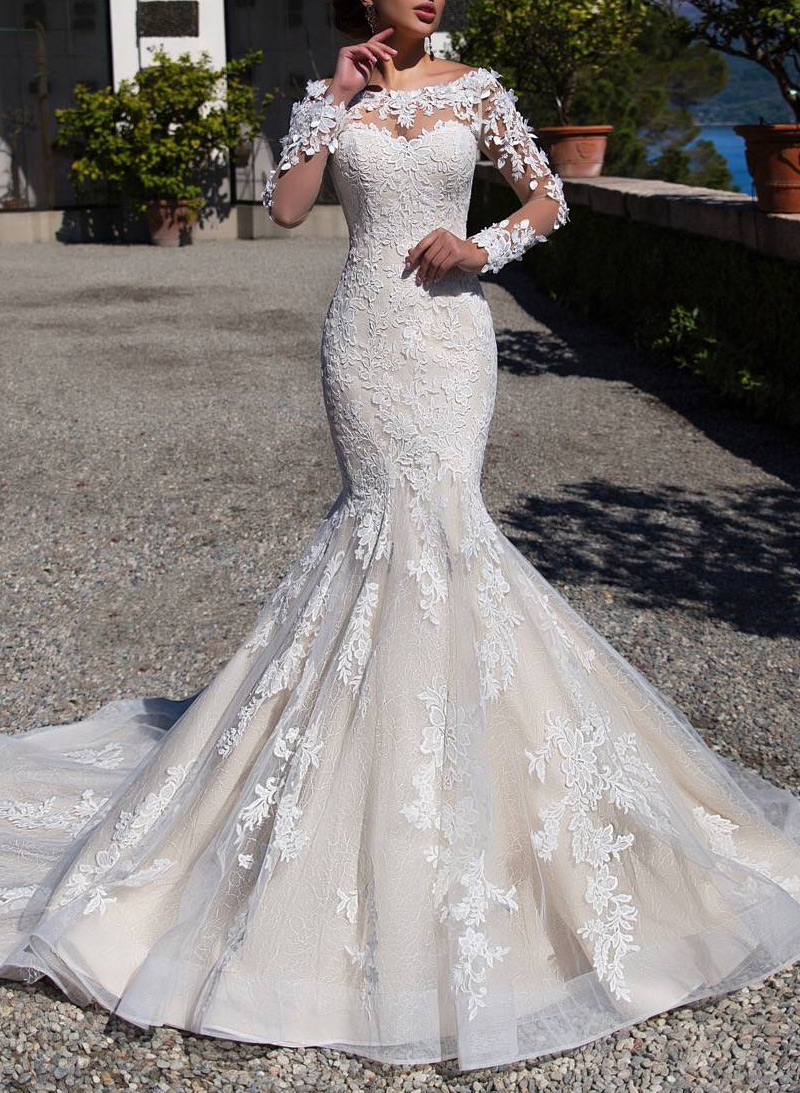 Unique Illusion Neck Long Sleeves Mermaid Court Train Lace/Tulle Wedding Dresses