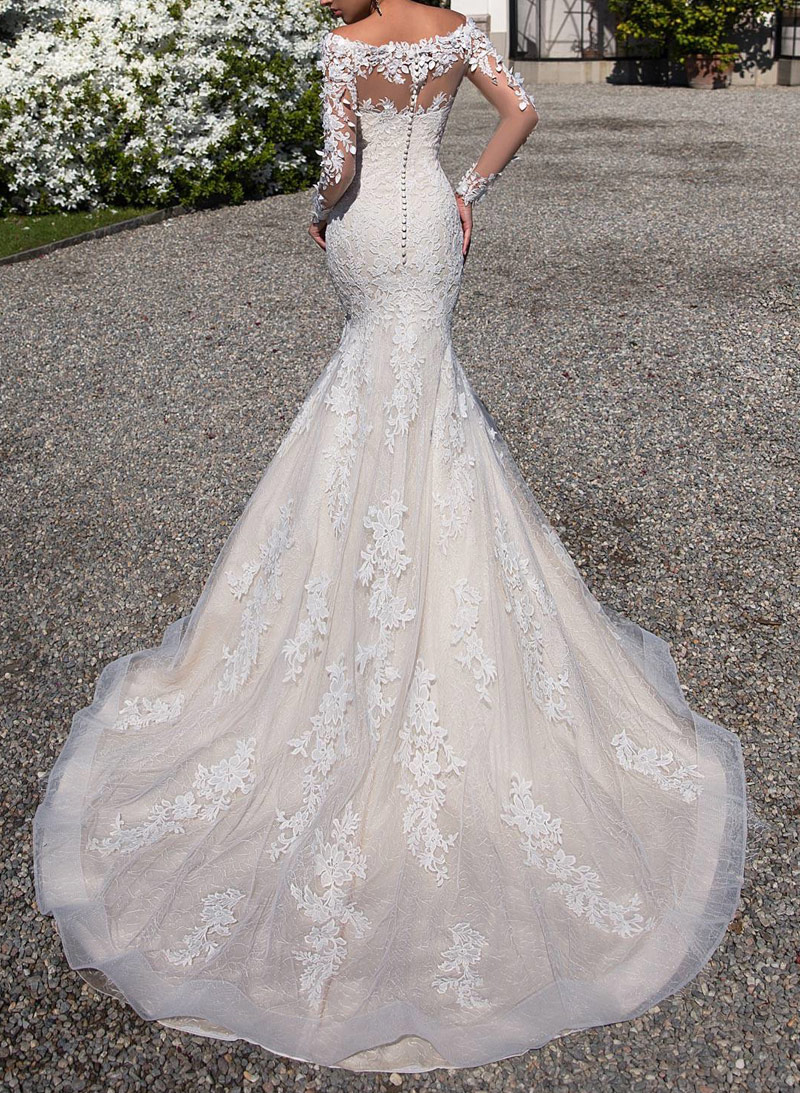 Unique Illusion Neck Long Sleeves Mermaid Court Train Lace/Tulle Wedding Dresses