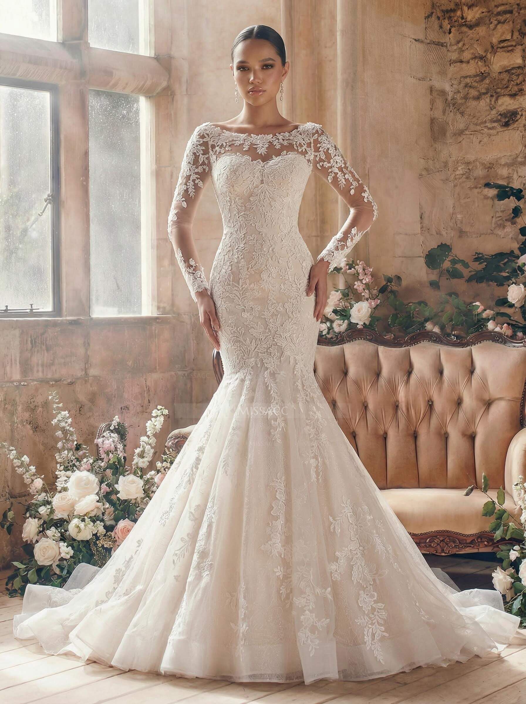 Unique Illusion Neck Long Sleeves Mermaid Court Train Lace/Tulle Wedding Dresses
