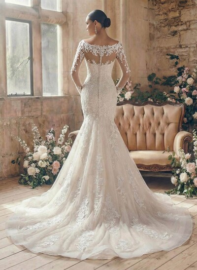 Unique Illusion Neck Long Sleeves Mermaid Court Train Lace/Tulle Wedding Dresses