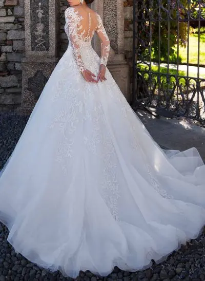 Ball-Gown Illusion Neck Long Sleeves Sweep Train Tulle Wedding Dresses With Appliques Lace