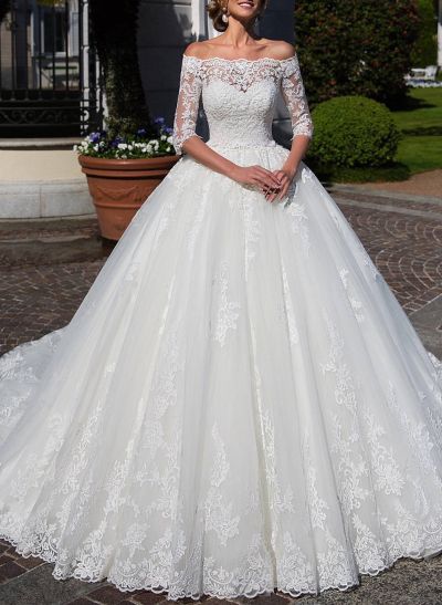 Elegant Off-The-Shoulder 1/2 Sleeves Ball-Gown Court Train Lace/Tulle Wedding Dresses