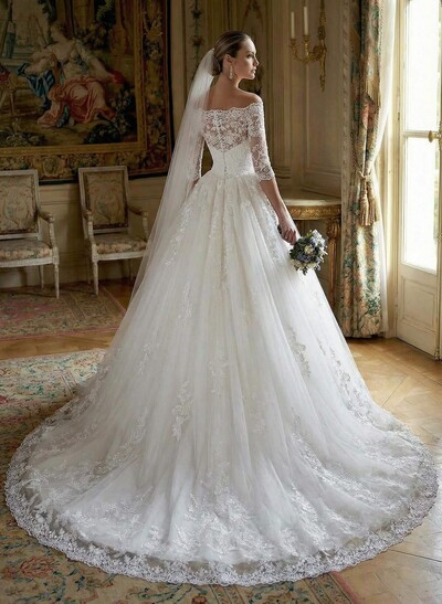 Elegant Off-The-Shoulder 1/2 Sleeves Ball-Gown Court Train Lace/Tulle Wedding Dresses