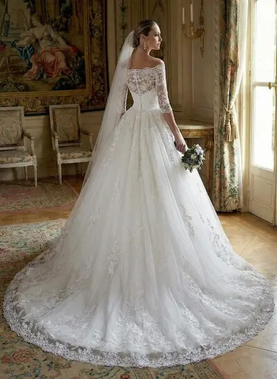 Ball-Gown Off-The-Shoulder 1/2 Sleeves Cathedral Lace/Tulle Wedding Dresses With Appliques Lace