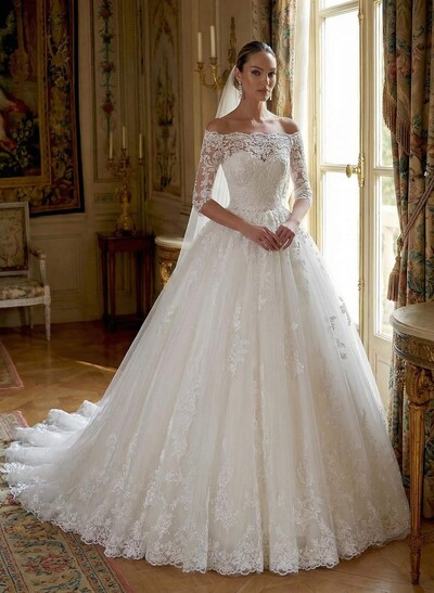 Elegant Off-The-Shoulder 1/2 Sleeves Ball-Gown Court Train Lace/Tulle Wedding Dresses